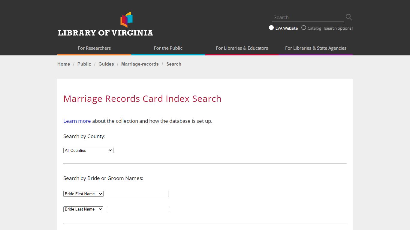 Marriage Records Collection Search Page - Library of Virginia